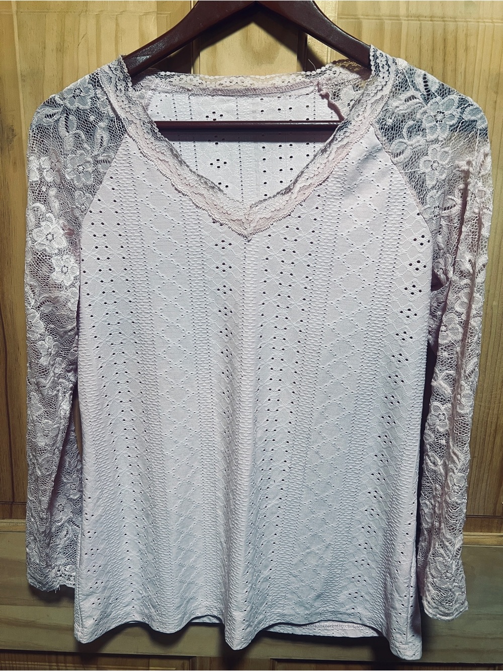 Women's Lace-Sleeve V-Neck Top in Light Pink